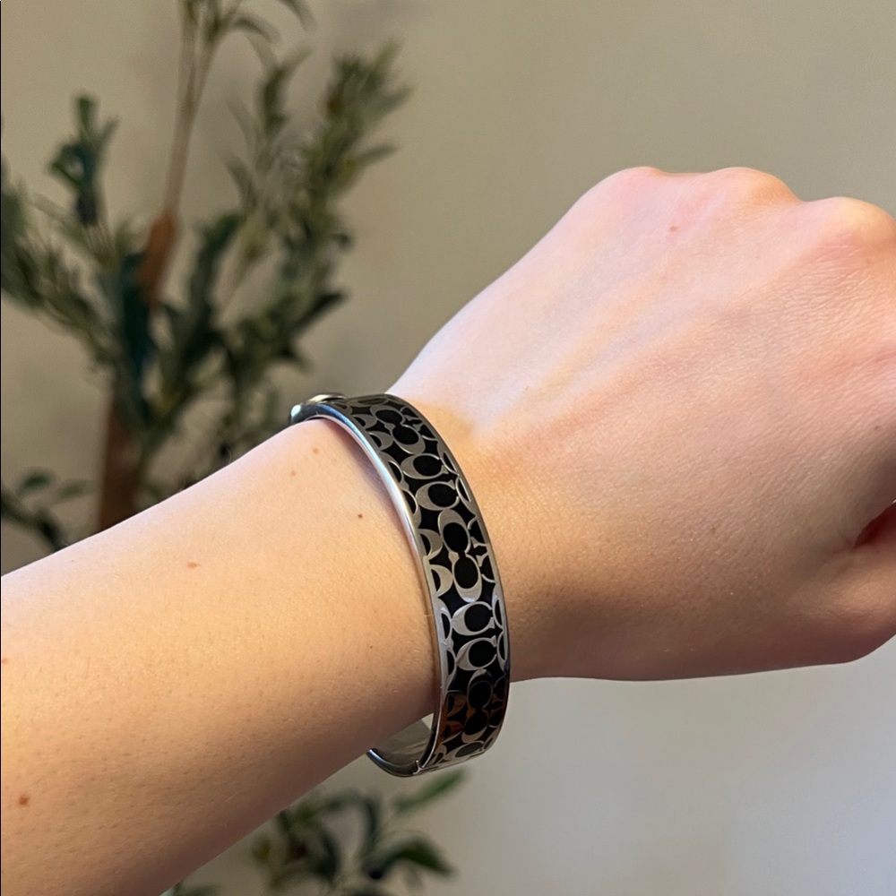 Coach Signature Push Hinged Bangle Black and Silver Bracelet